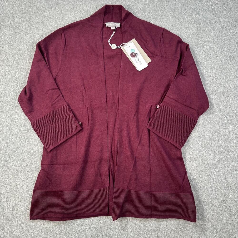 Evolution by Cyrus Open Front Cardigan Women's Small Sweater Burgundy 3/4 Sleeve